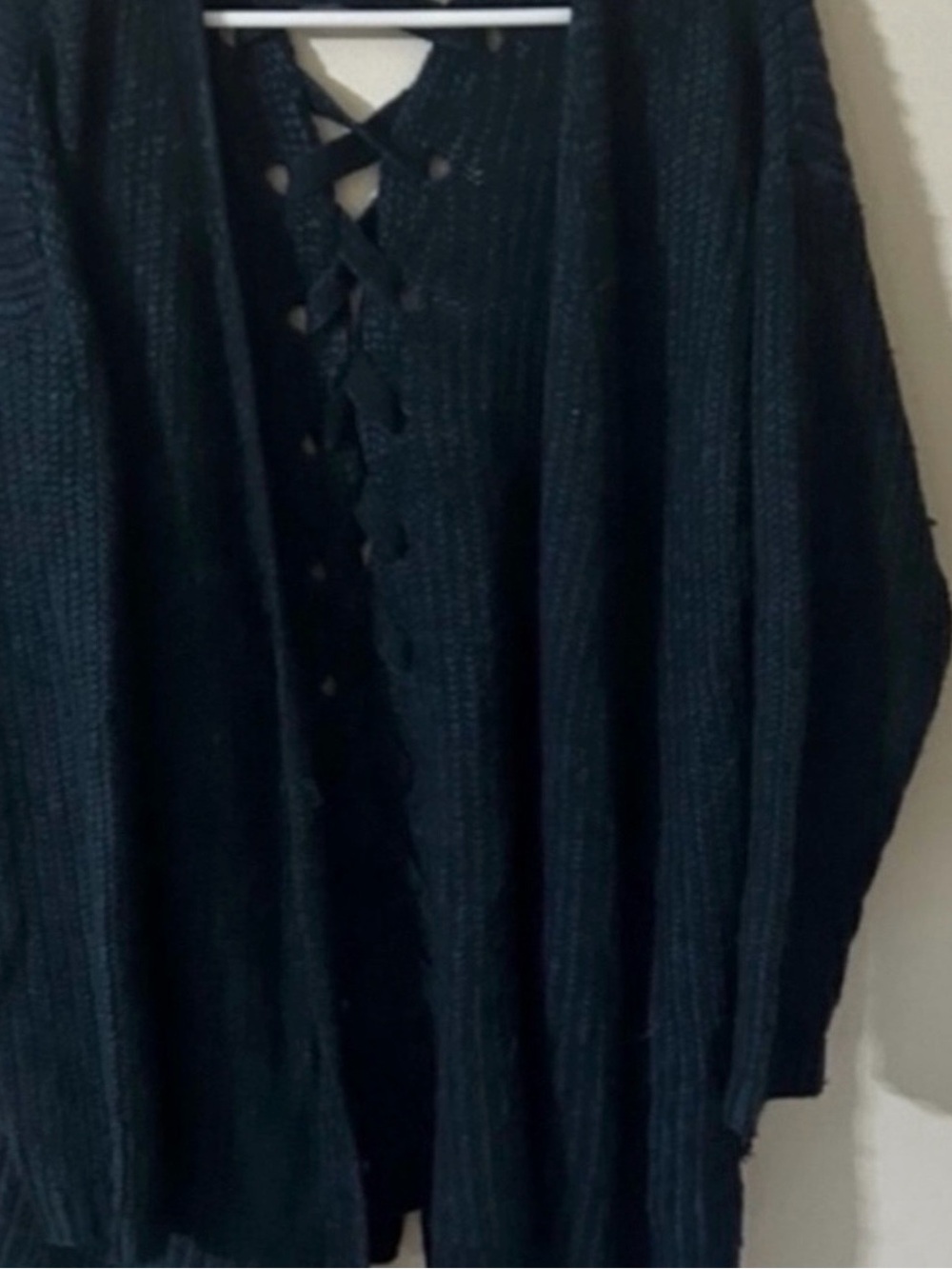 Vanilla Star Size 1x Blue Black Ribbed Lace-Up Back Cardigan
